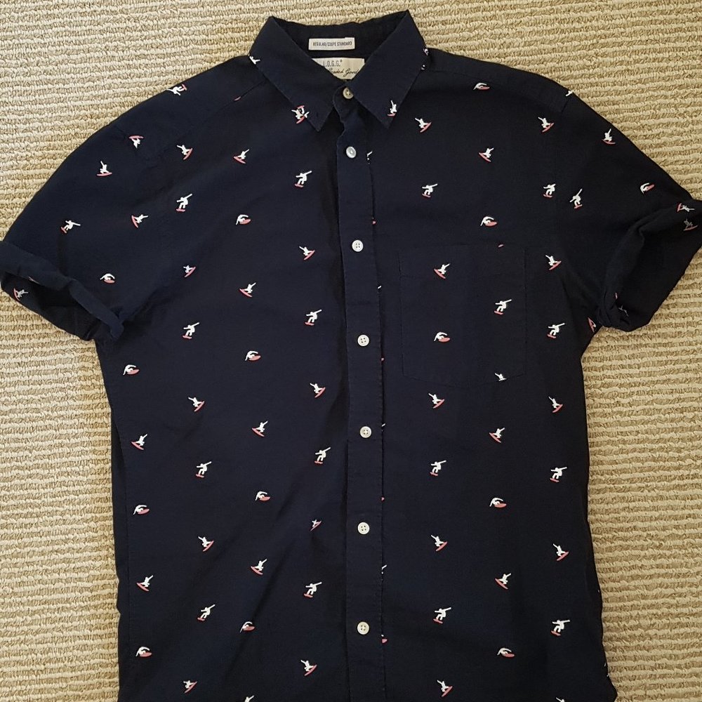 H&M Men's Navy Blue Skater & Surfer Casual Summer Short-Sleeve Button Up